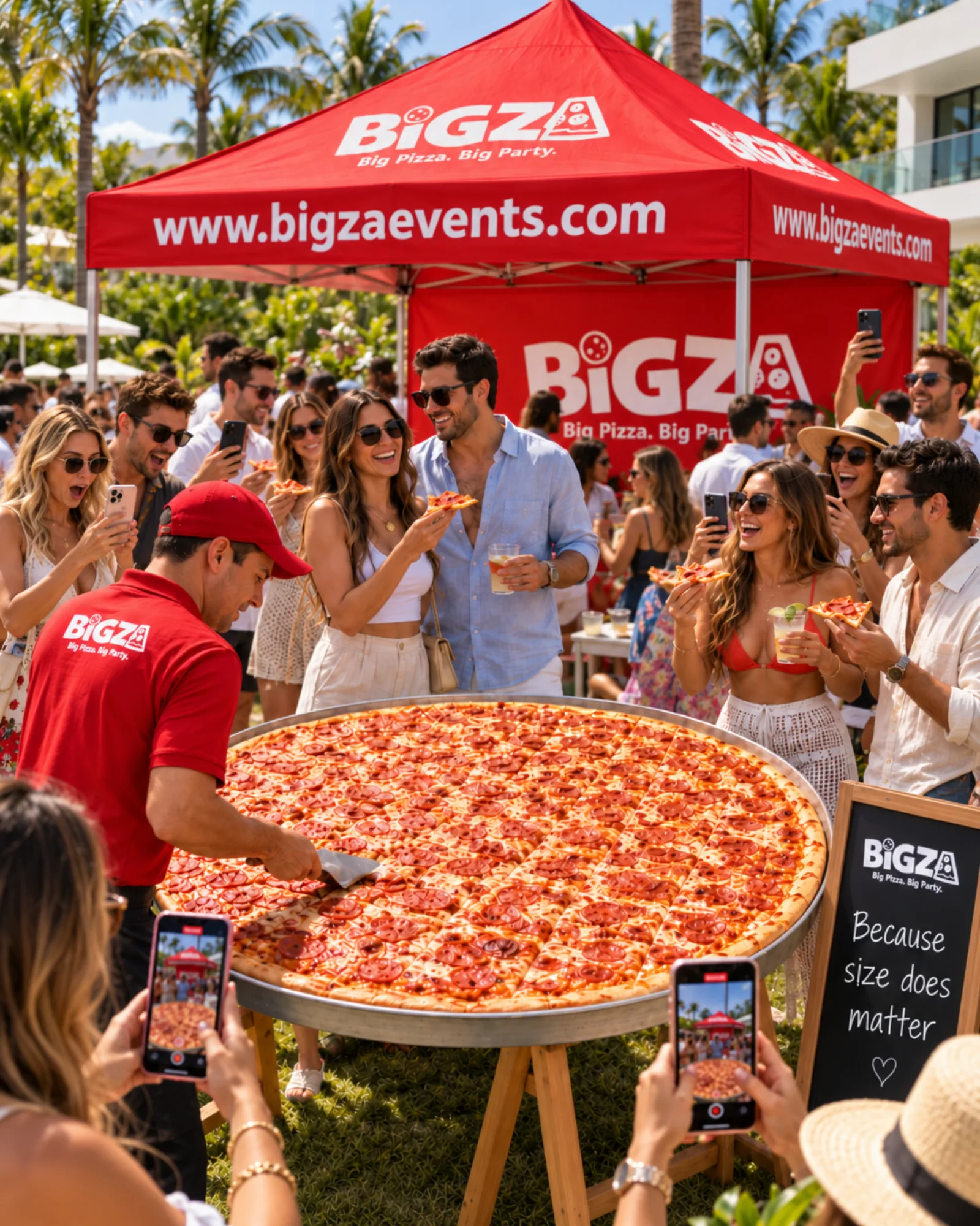 Bigza's giant round pizza drawing a crowd at a live South Florida event